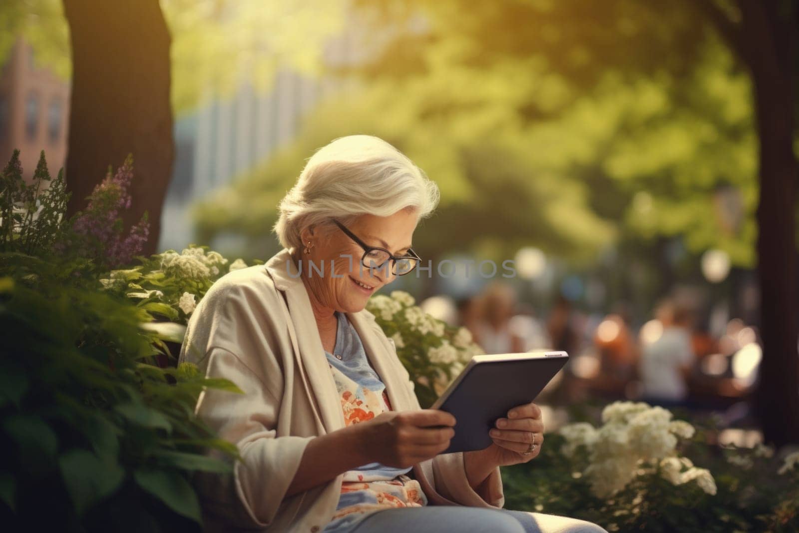 An elderly lady in casual attire and glasses sits on a bench during the day and reads a book.