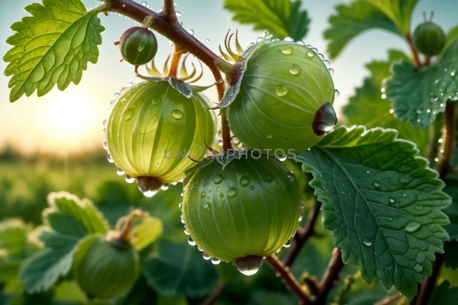 ripe gooseberries on a branch outdoors .