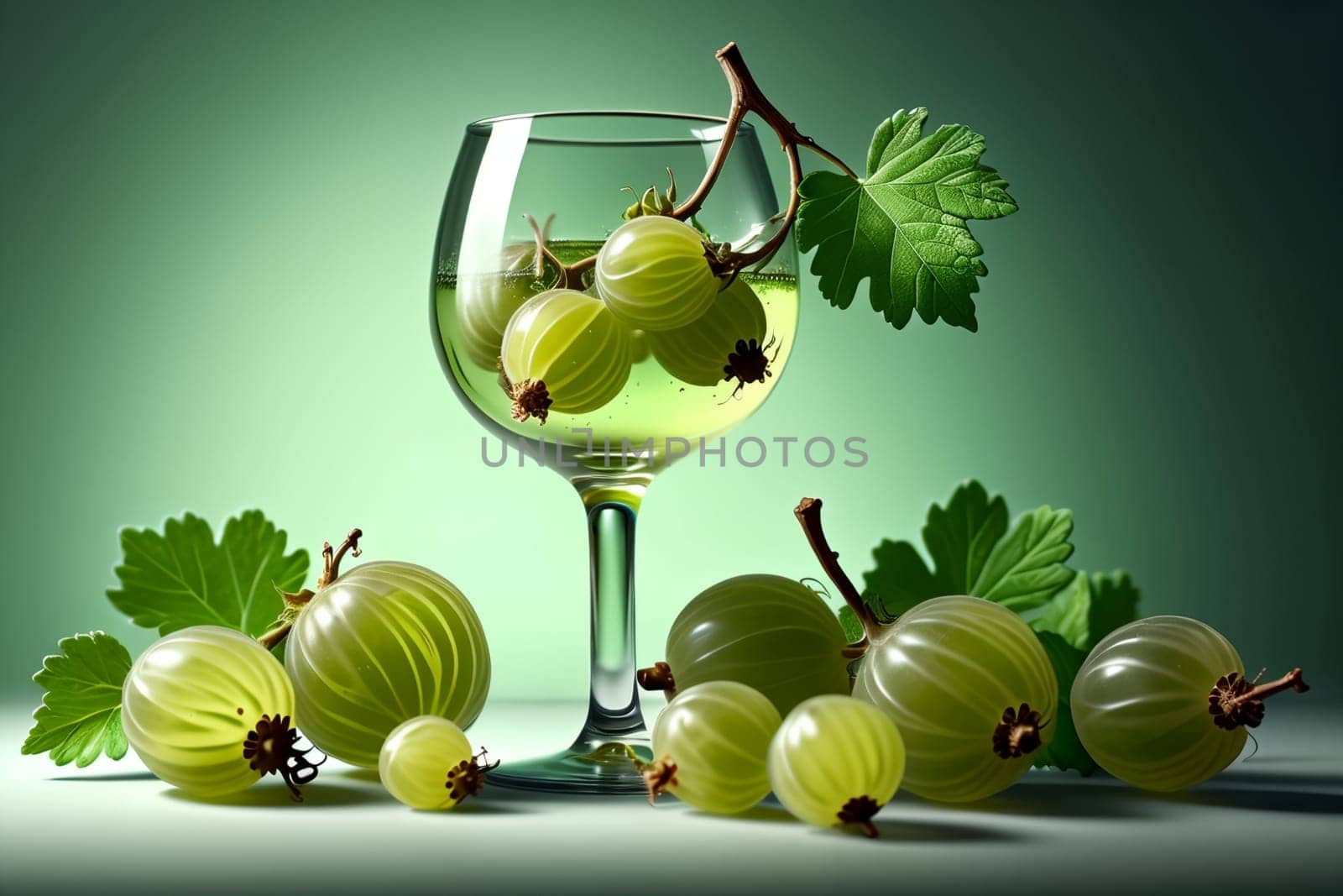 gooseberry liqueur, wine in a glass isolated on a green background .