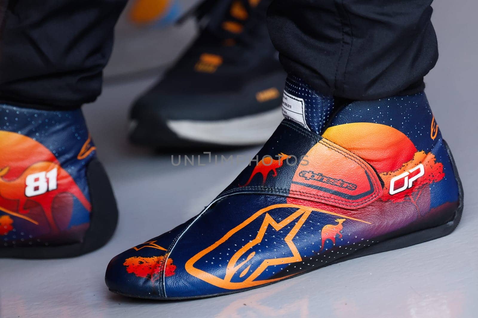 MELBOURNE, AUSTRALIA - MARCH 23: Shoes of McLaren Formula 1 Team's Oscar Piastri at the 2024 Australian Grand Prix at Albert Park in Melbourne, Australia