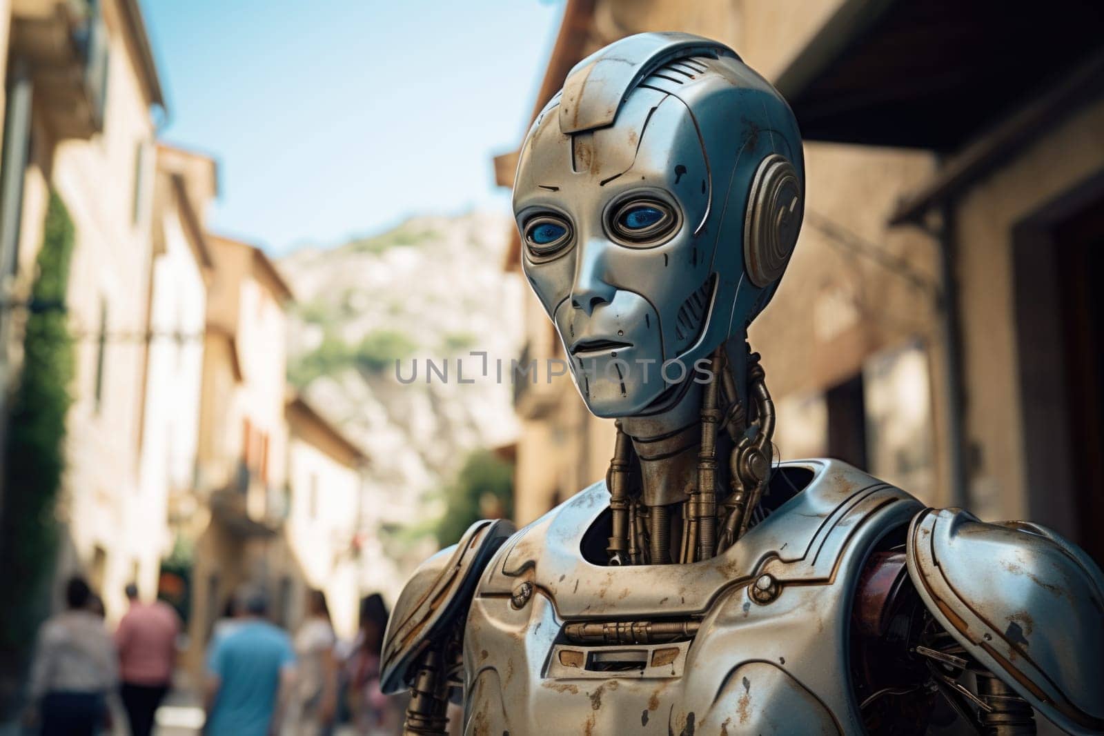 A steel robot walks against the background of a city street in summer.