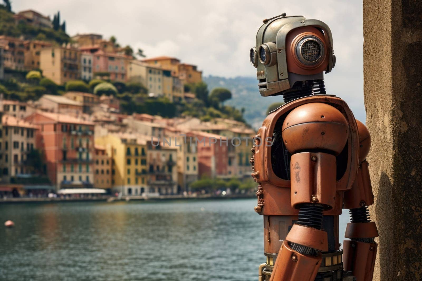 A steel robot walks against the background of a city street in summer.