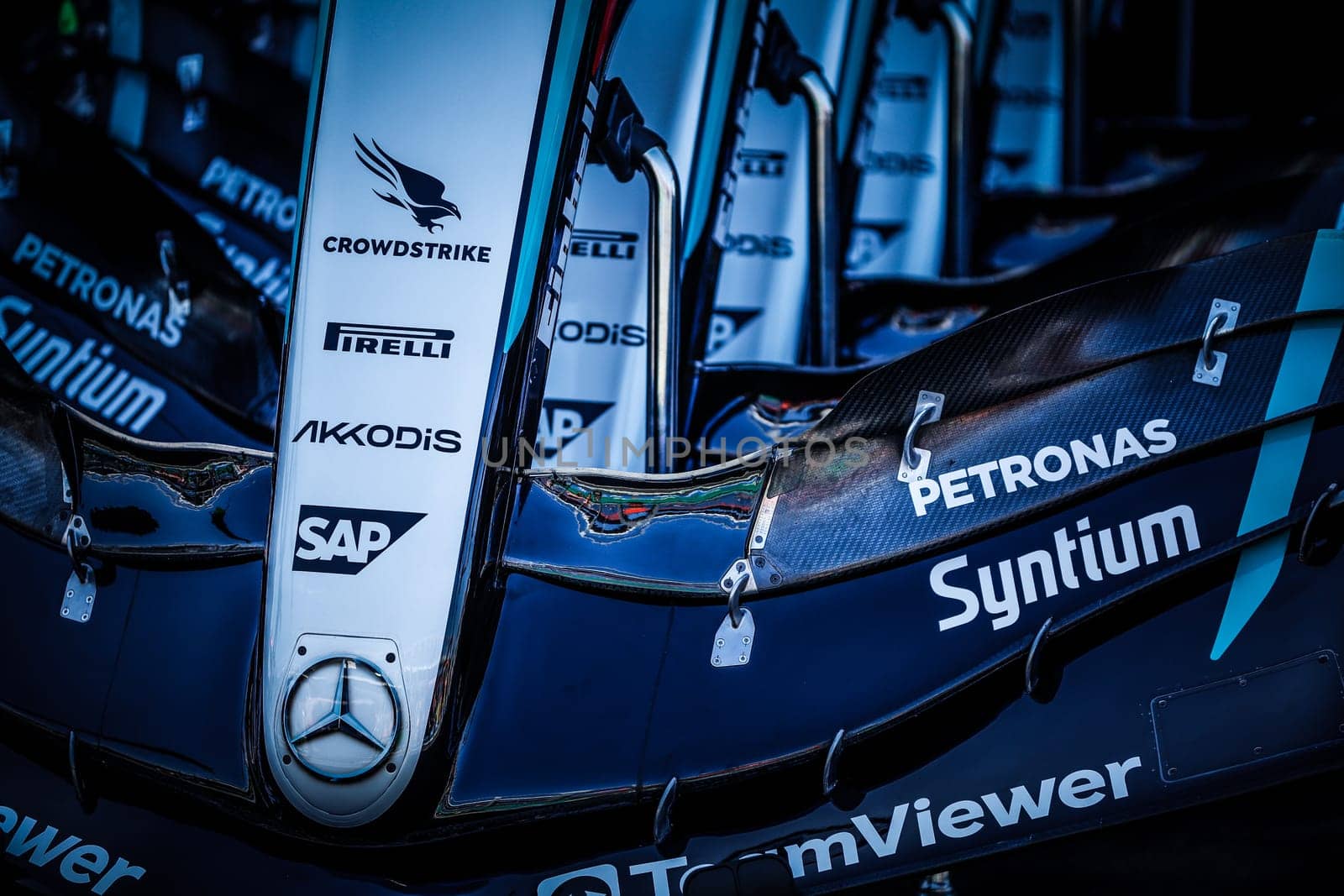 MELBOURNE, AUSTRALIA - MARCH 21: Mercedes-AMG PETRONAS Formula One Team front wings in pitlane at the 2024 Australian Grand Prix at Albert Park in Melbourne, Australia