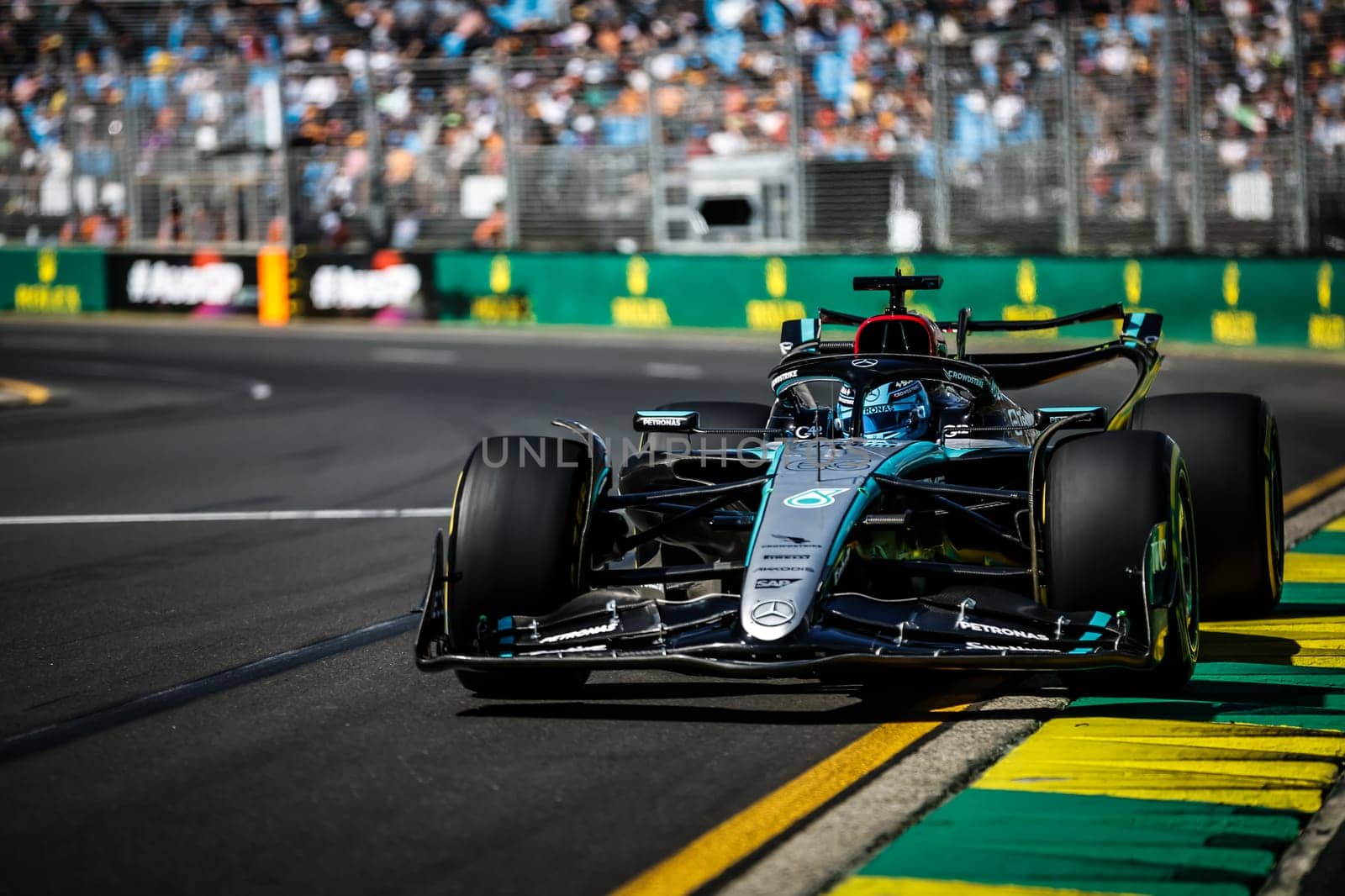 MELBOURNE, AUSTRALIA - MARCH 22: George Russell of Great Britain drives the Mercedes AMG Petronas F1 Team W15 during first practice in the 2024 Australian Grand Prix at Albert Park in Melbourne, Australia