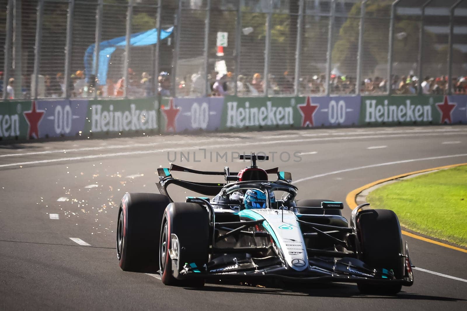 MELBOURNE, AUSTRALIA - MARCH 23: George Russell of Great Britain drives the Mercedes AMG Petronas F1 Team W15 during qualifying in the 2024 Australian Grand Prix at Albert Park in Melbourne, Australia