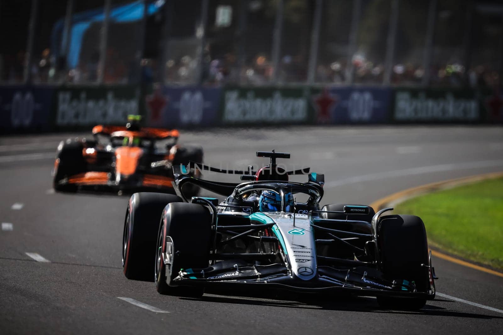 MELBOURNE, AUSTRALIA - MARCH 23: George Russell of Great Britain drives the Mercedes AMG Petronas F1 Team W15 during qualifying in the 2024 Australian Grand Prix at Albert Park in Melbourne, Australia