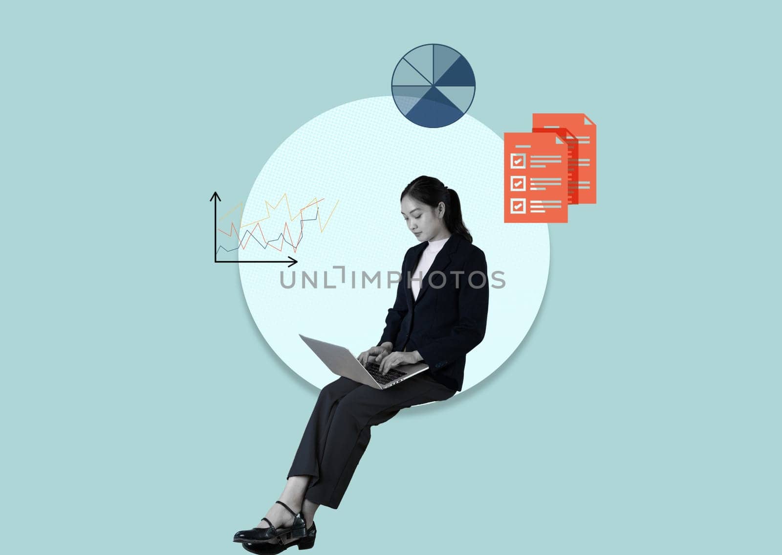 Business woman working on laptop, working on analytical, financial, information of project growth. Contemporary art collage by itchaznong