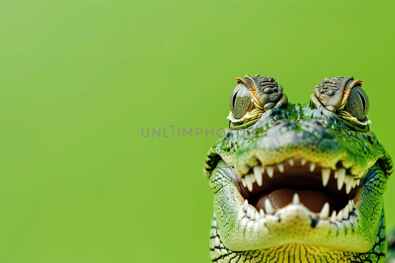 A close-up of a crocodile's head against a green backdrop, perfect for wildlife campaigns, educational materials, or vibrant graphic designs. Copy space for text. Generative AI. by creativebird