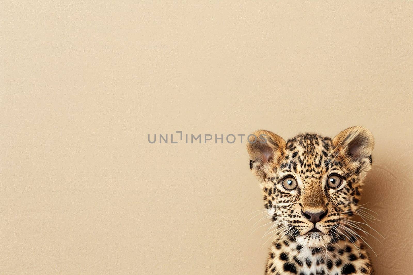 An adorable leopard cub with bright eyes on a beige background, perfect for wildlife conservation themes, educational material, or creative designs. Copy space for text. Generative AI. by creativebird