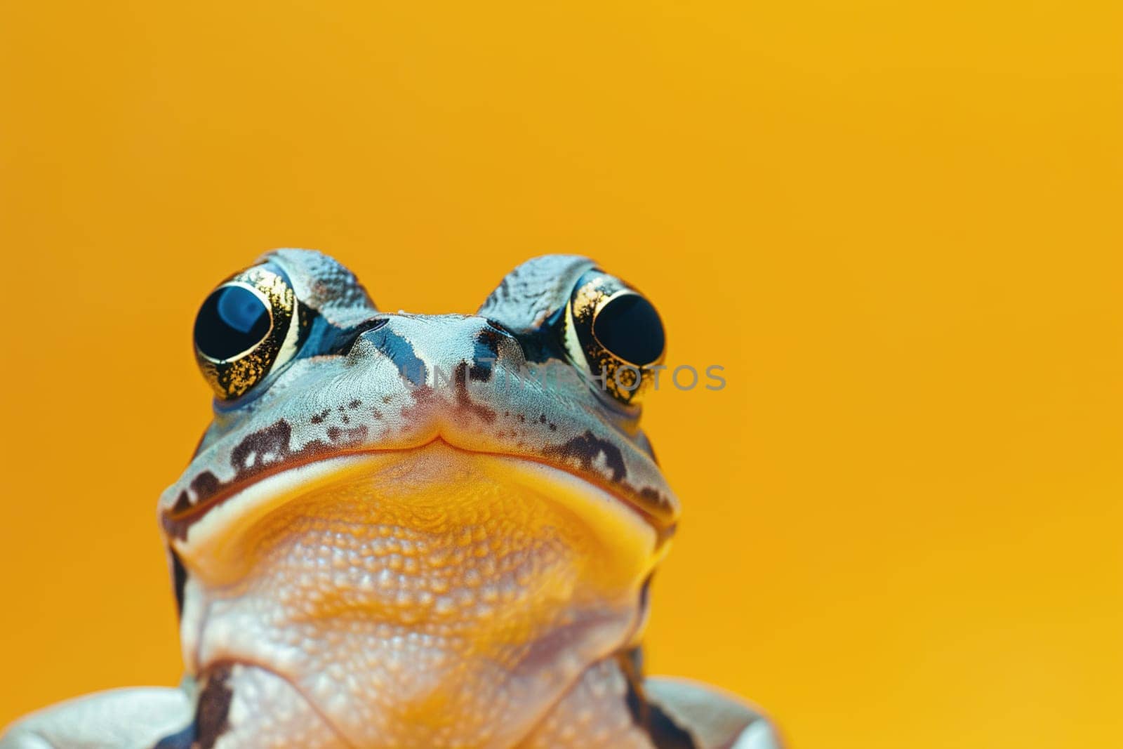 Engaging image of a frog with a quirky expression, set against a vivid yellow backdrop, is ideal for marketing, creative projects, or educational content. Copy space for text. Generative AI. by creativebird