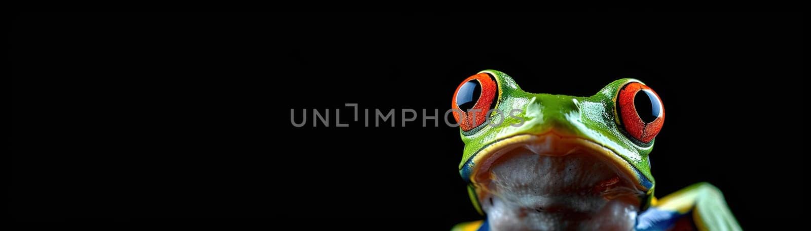 Captivating frog close-up against a dark backdrop, perfect for educational content, nature themes, vibrant graphic designs, or as an engaging visual for articles. Copy space for text. Generative AI. by creativebird