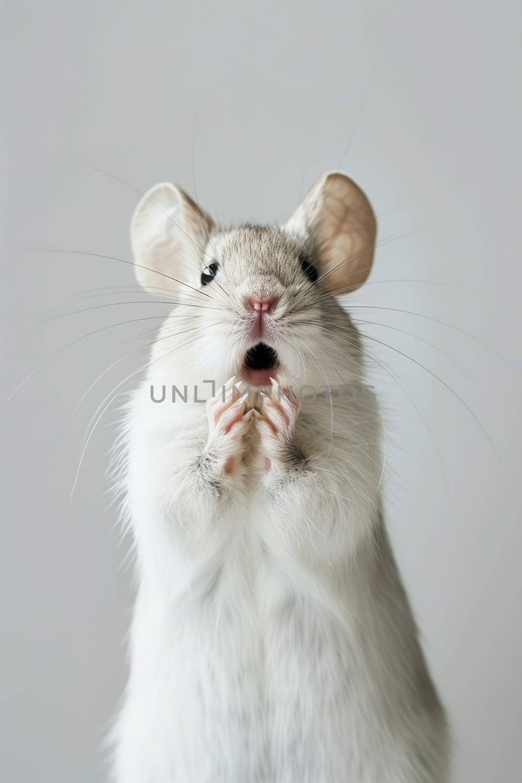 Comical white mouse with a surprised expression on grey background, ideal for educational purposes, humorous content, or pet-related advertising. Copy space for text. Surprised animal. Generative AI. by creativebird