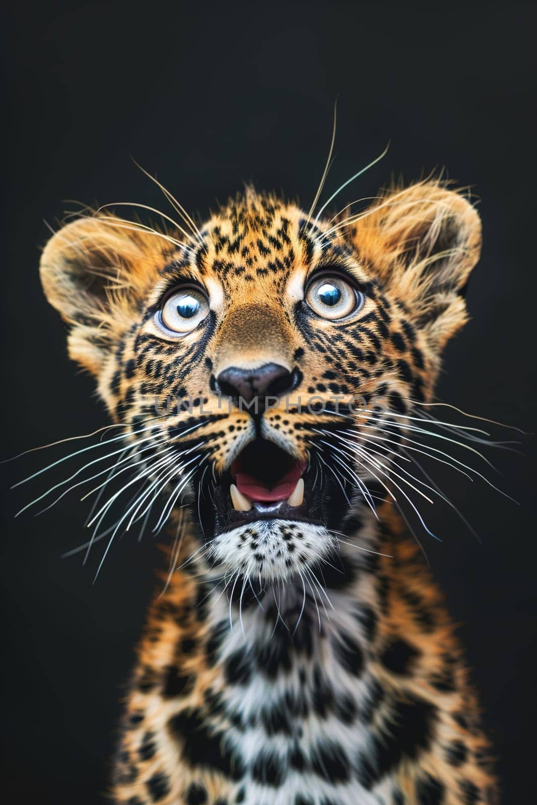 Stunning leopard portrait on a black background, showing vivid details perfect for educational content, wildlife campaigns, or graphic designs. Copy space for text. Surprised animal. Generative AI. by creativebird