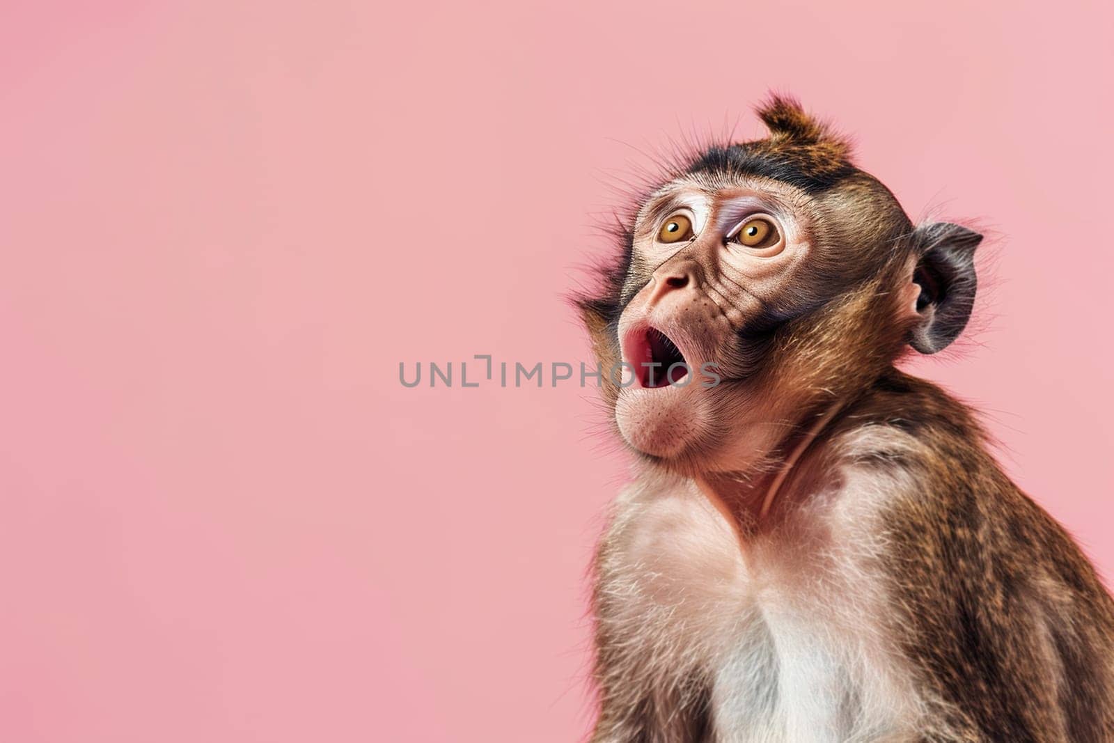 Cute, surprised monkey with large, captivating eyes on pink background. Ideal for promotions, great deals or offers. Good price, Black Friday, discount. Copy space for text. Generative AI. by creativebird