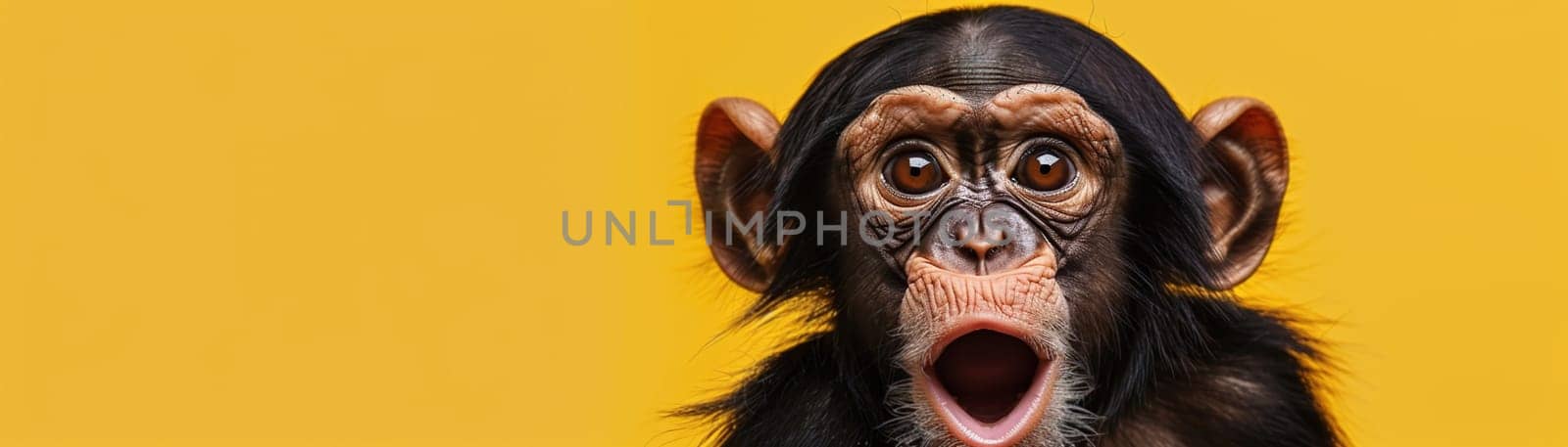 Cute, surprised monkey with large, captivating eyes on yellow background. Ideal for promotions, great deals or offers. Good price, Black Friday, discount. Copy space for text. Generative AI. by creativebird
