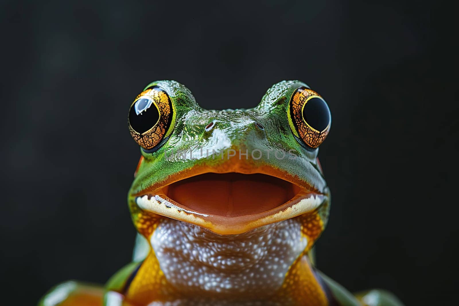 Vivid close-up of a frog with a startled expression against a black backdrop, ideal for educational content, wildlife themes, and creative projects. Copy space for text. Surprised frog. Generative AI. by creativebird