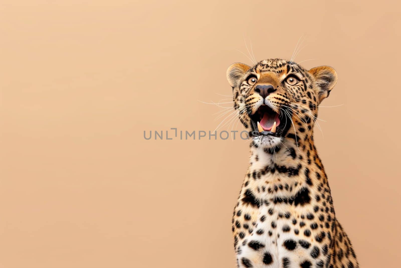 Stunning leopard portrait on a beige background, showing vivid details perfect for educational content, wildlife campaigns, or graphic designs. Copy space for text. Surprised animal. Generative AI
