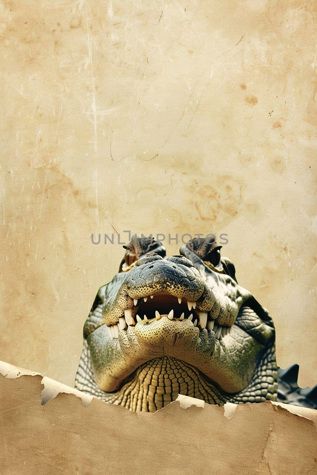 Dramatic front view of a crocodile head against a beige backdrop, perfect for educational content, wildlife conservation topics, and striking creative projects. Copy space for text. Generative AI