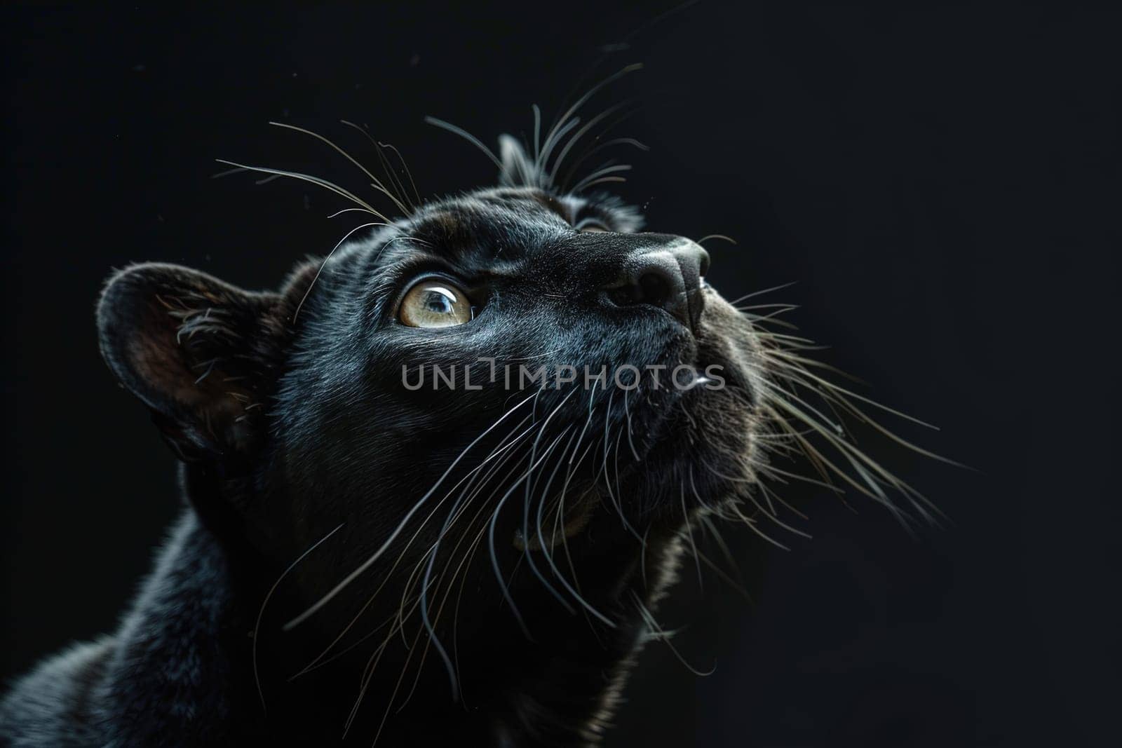 Majestic black panther portrait with deep gaze, perfect for wildlife themes, nature campaigns, or high-contrast art in ads with space for text. Generative AI. by creativebird