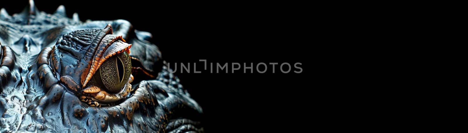 Close-up of a crocodile against a dark background, highlighting intricate details, ideal for wildlife campaigns, horror themes, and textural contrasts in design. Banner with copy space for text. Generative AI. by creativebird