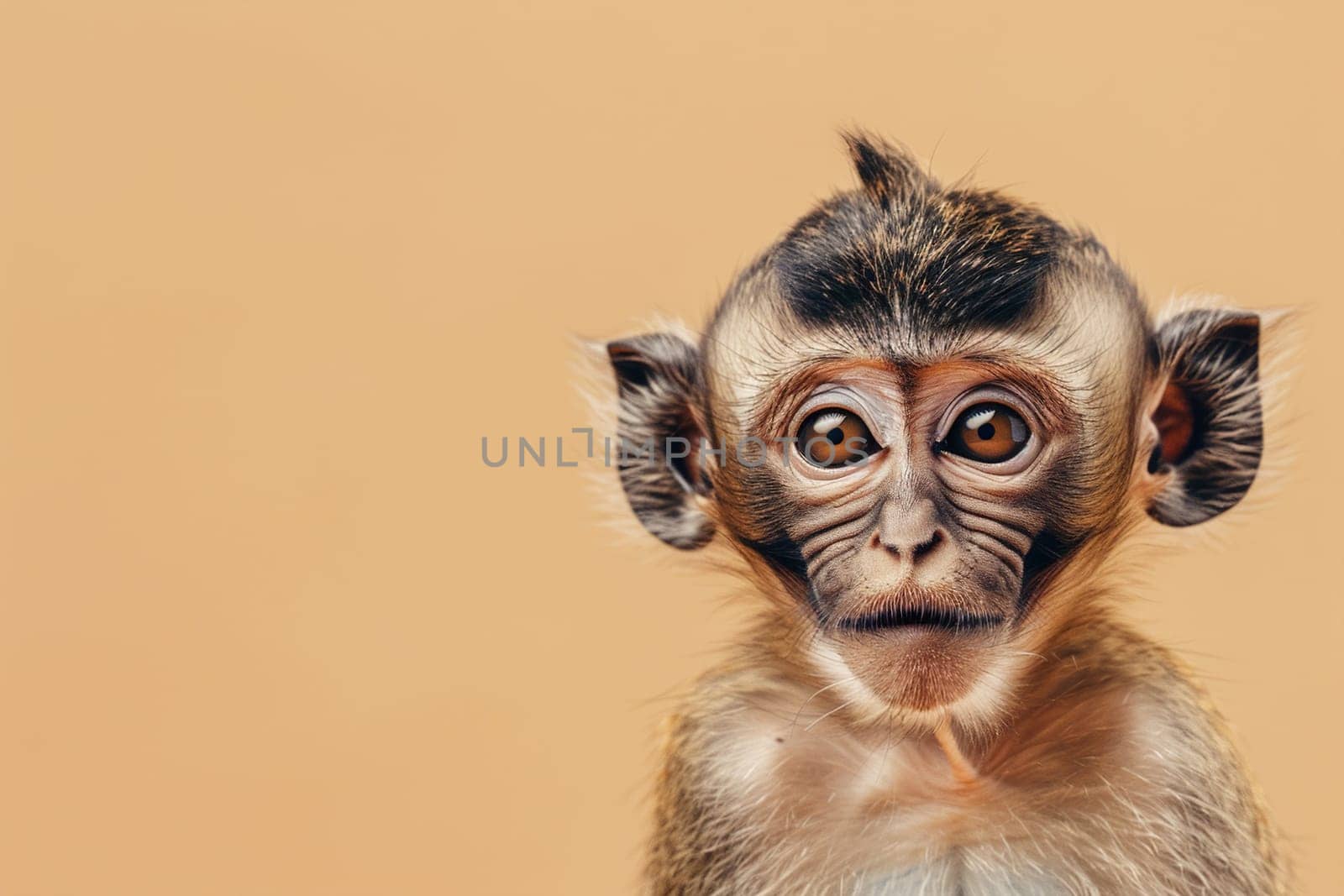 Expressive monkey with striking eyes on a beige background, perfect for animal themes, educational content. Copy space for text. Generative AI. by creativebird