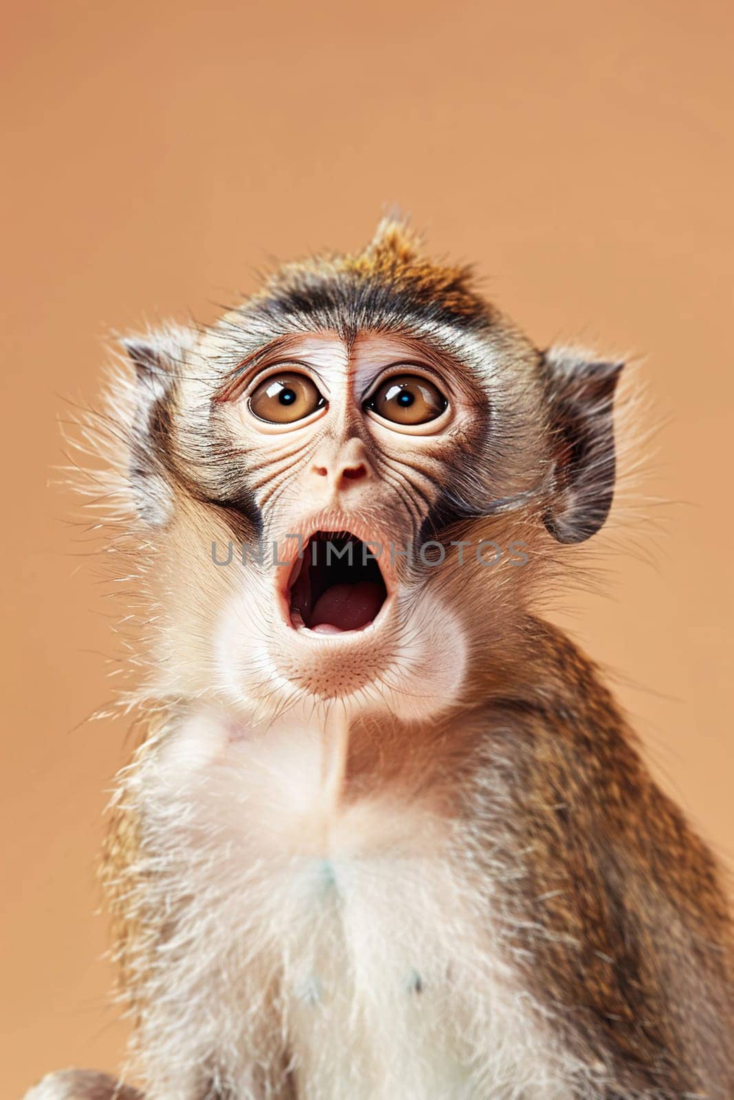Cute, surprised monkey with large, captivating eyes on brown background. Ideal for promotions, great deals or offers. Good price, Black Friday, discount. Copy space for text. Vertical picture. Generative AI. by creativebird