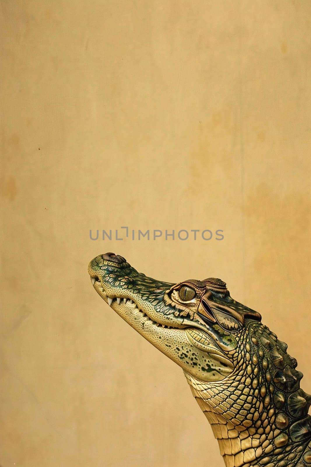 Dramatic side view of a crocodile head against a beige backdrop, perfect for educational content, wildlife conservation topics, and striking creative projects. Copy space for text. Generative AI. by creativebird
