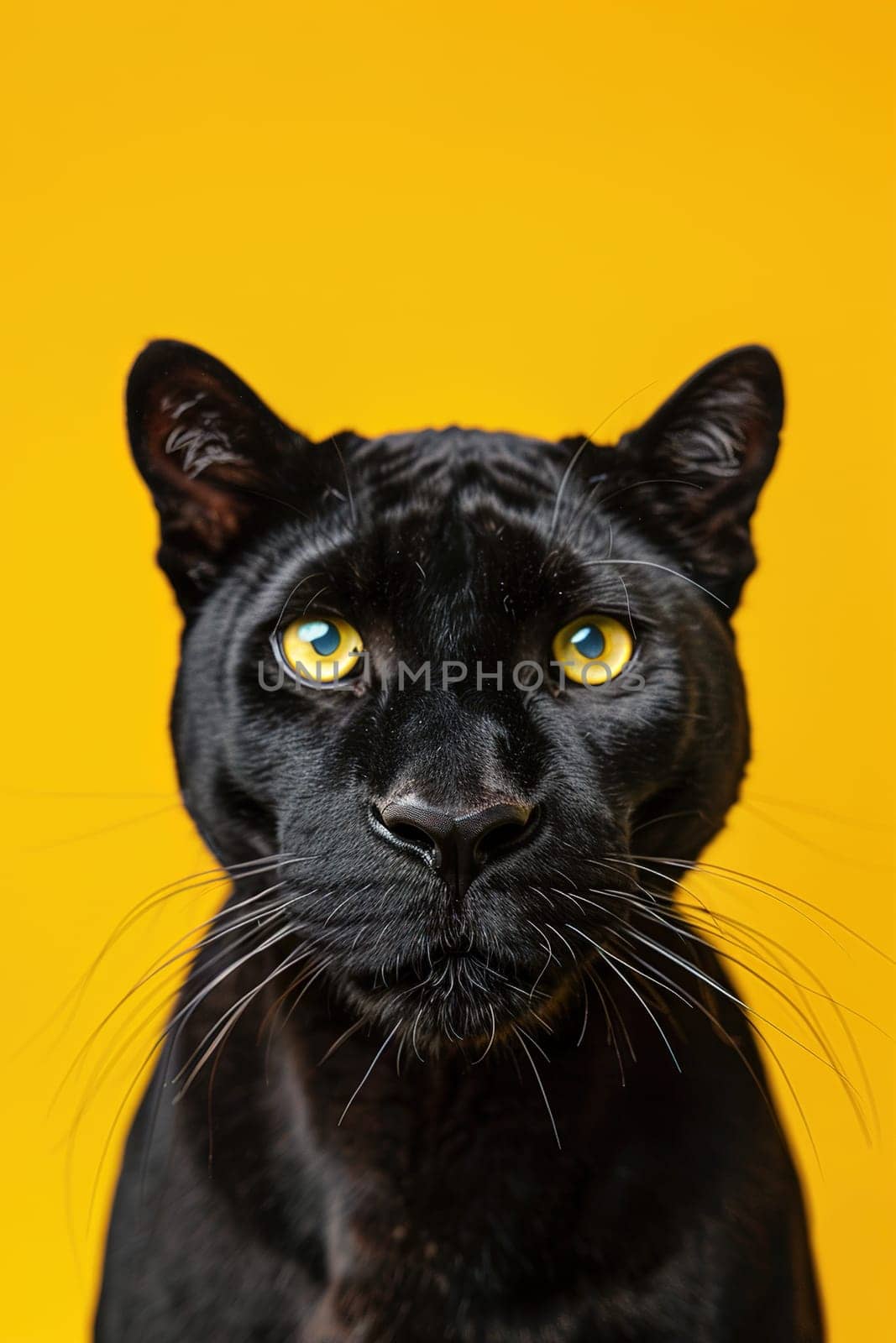 Stunning close-up of a black panther with piercing yellow eyes against a yellow backdrop, ideal for impactful visuals, animal campaigns, or bold design elements. Copy space for text. Generative AI. by creativebird