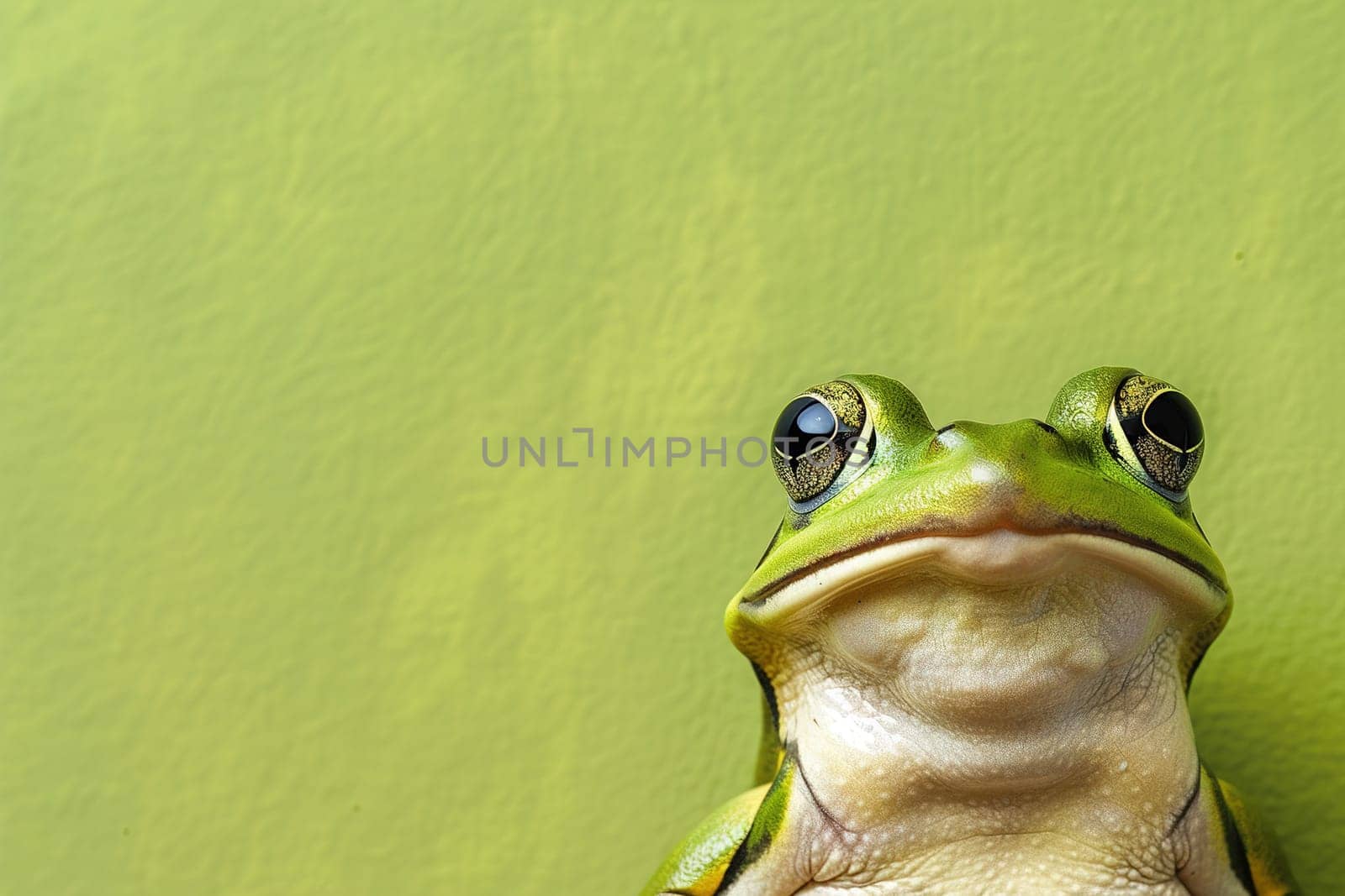 Engaging image of a frog with a quirky expression, set against a vivid green backdrop, is ideal for marketing, creative projects, or educational content. Copy space for text. Generative AI. by creativebird