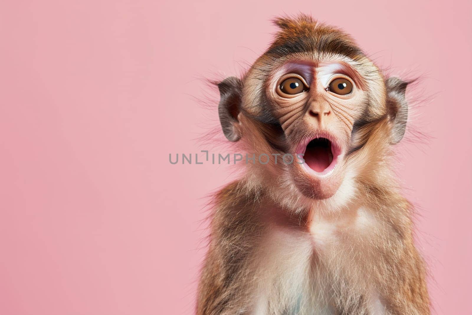 Cute, surprised monkey with large, captivating eyes on pink background. Ideal for promotions, great deals or offers. Good price, Black Friday, discount. Copy space for text. Generative AI