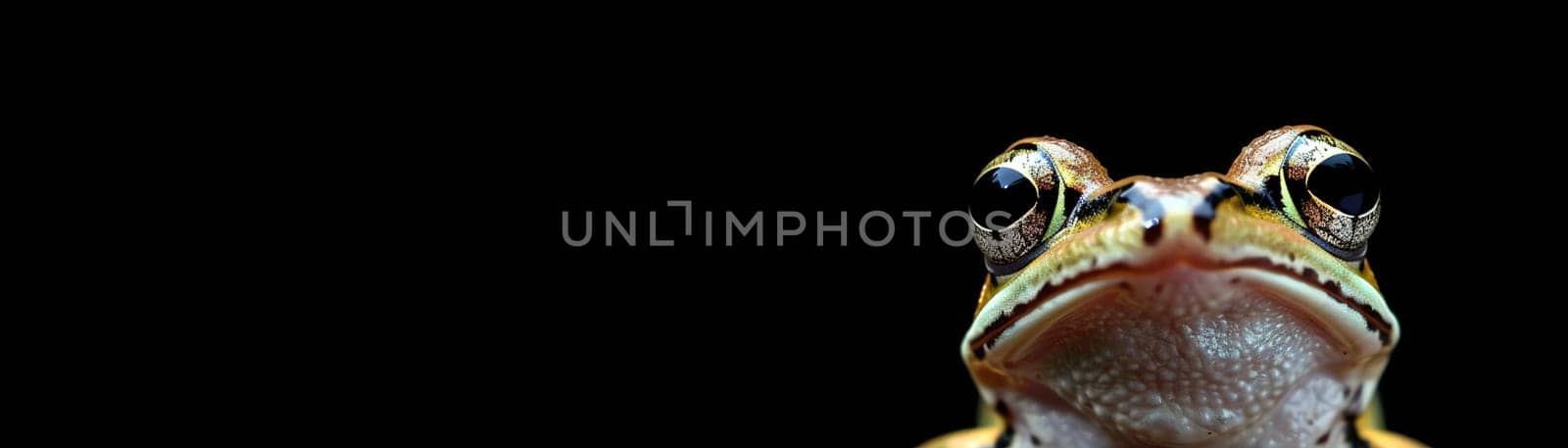 Captivating frog close-up against a dark backdrop, perfect for educational content, nature themes, vibrant graphic designs, or as an engaging visual for articles. Copy space for text. Generative AI. by creativebird