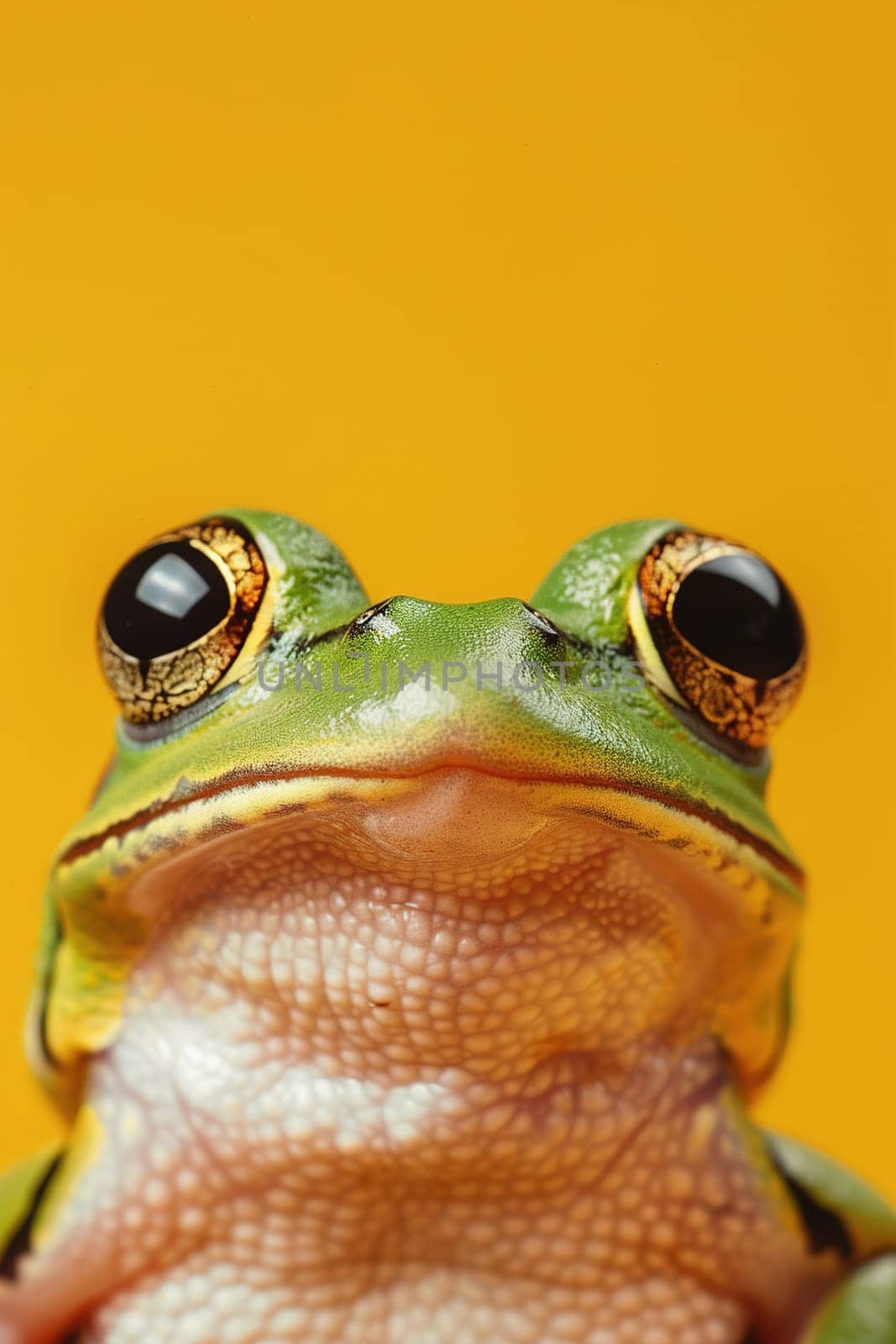 Engaging image of a frog with a quirky expression, set against a vivid yellow backdrop, is ideal for marketing, creative projects, or educational content. Copy space for text. Generative AI. by creativebird