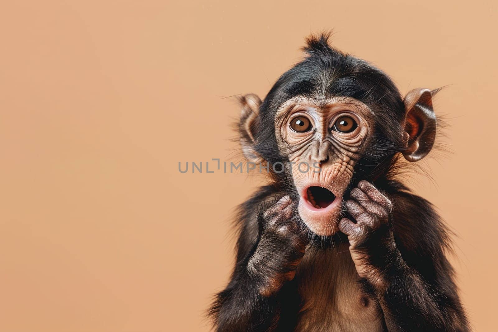 Cute, surprised monkey with large, captivating eyes on brown background. Ideal for promotions, great deals or offers. Good price, Black Friday, discount. Copy space for text. Generative AI. by creativebird
