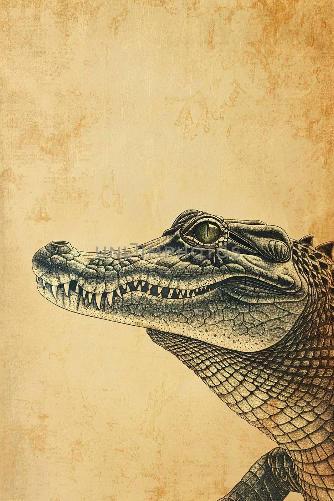 Dramatic side view of a crocodile head against a beige backdrop, perfect for educational content, wildlife conservation topics, and striking creative projects. Copy space for text. Generative AI