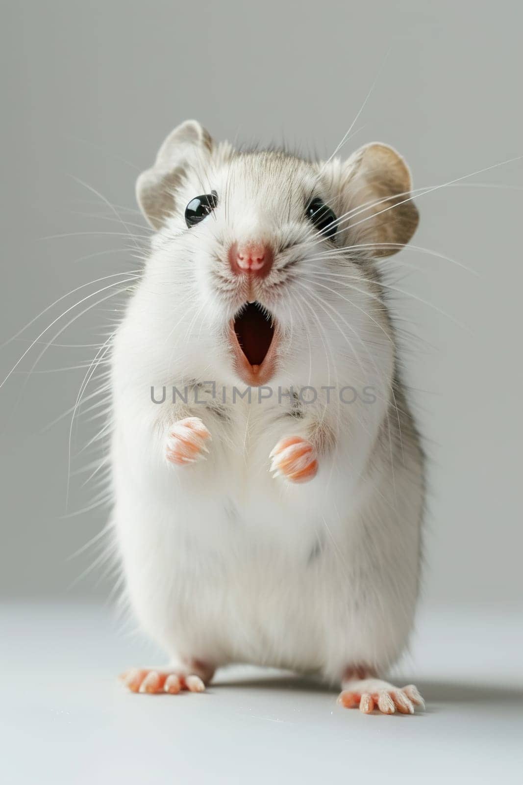 Captivating white mouse with an astonished expression on a simple background, ideal for pet ads, scientific articles, or humorous content. Surprised animal. Generative AI. by creativebird