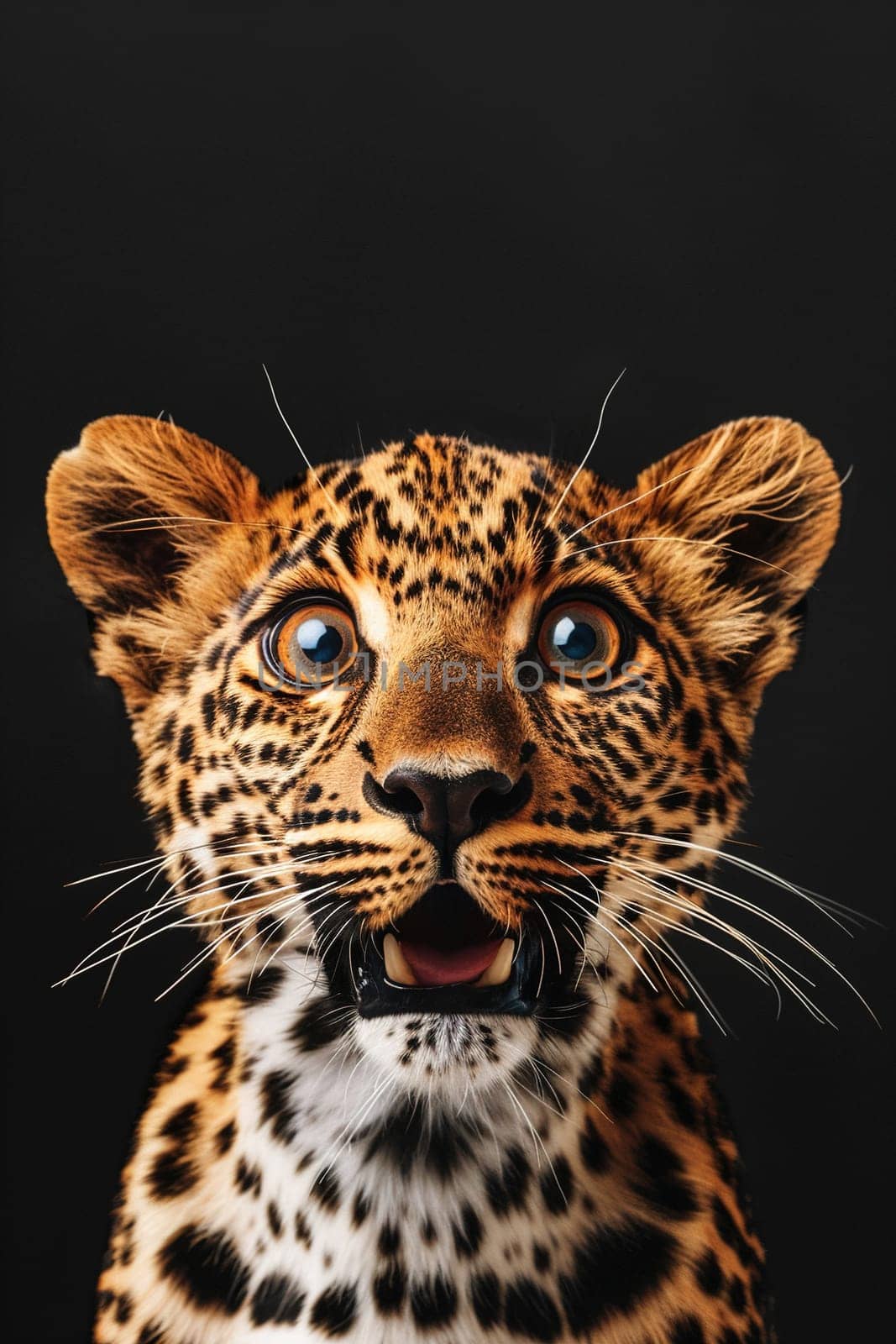Stunning leopard portrait on a black background, showing vivid details perfect for educational content, wildlife campaigns, or graphic designs. Copy space for text. Surprised animal. Generative AI