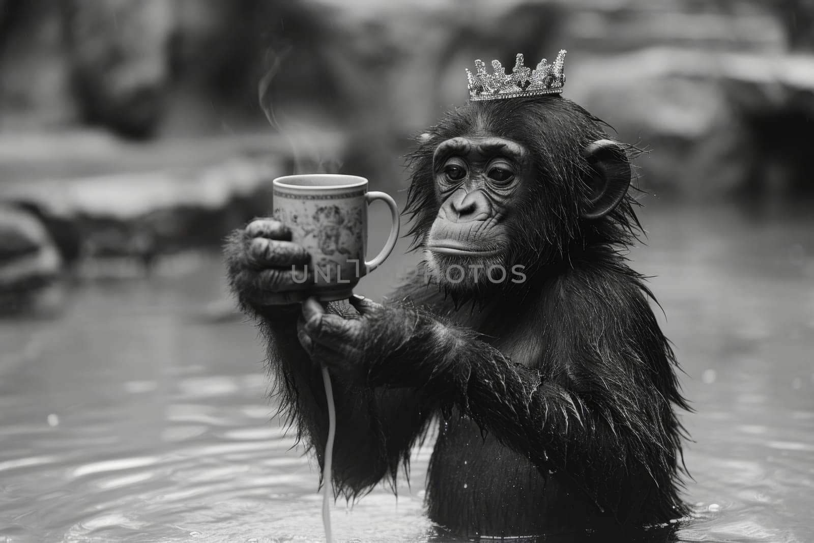 Monkey with a crown on his head and a glass of tea in his paw outdoors.