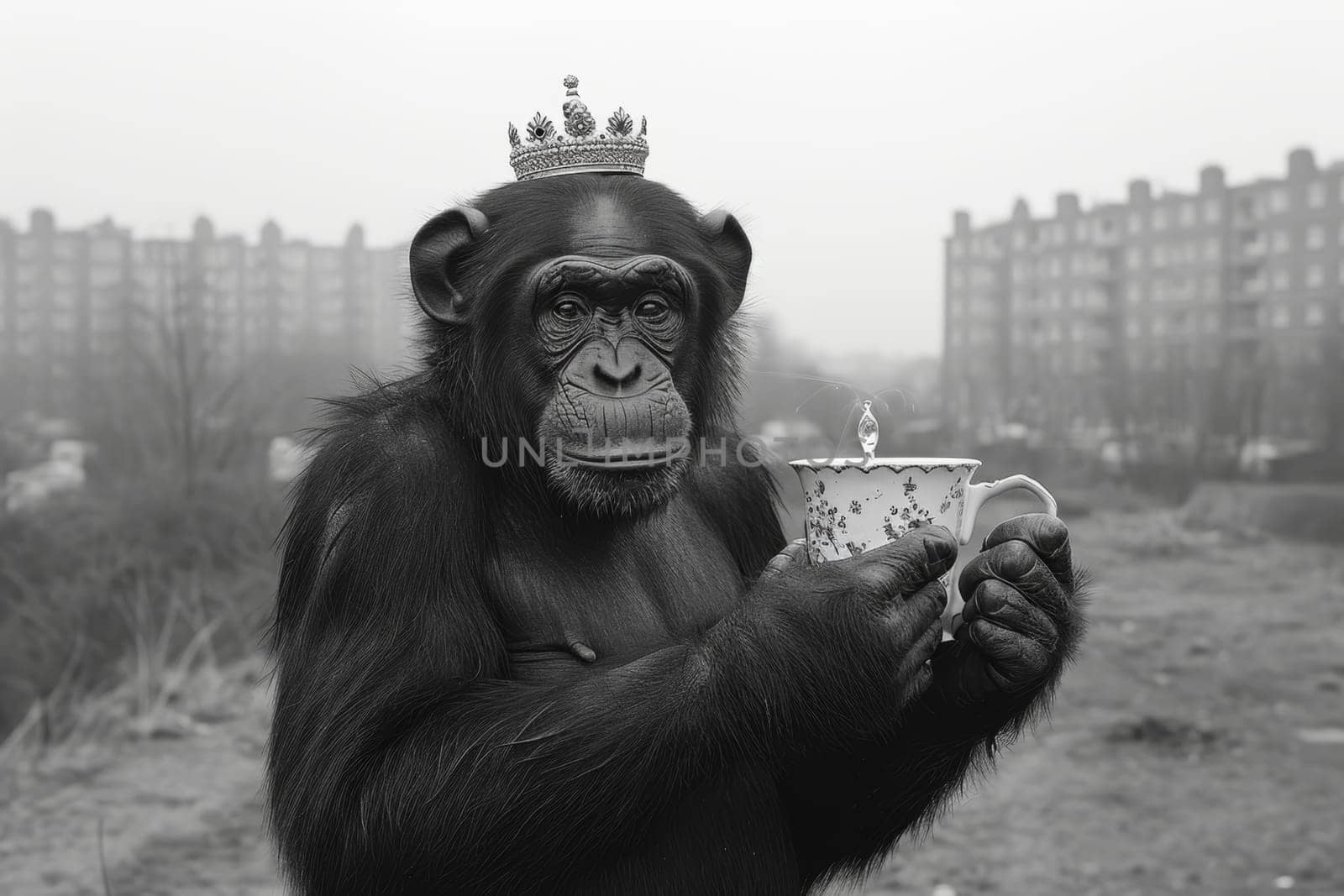 Monkey with a crown on his head and a glass of tea in his paw outdoors.