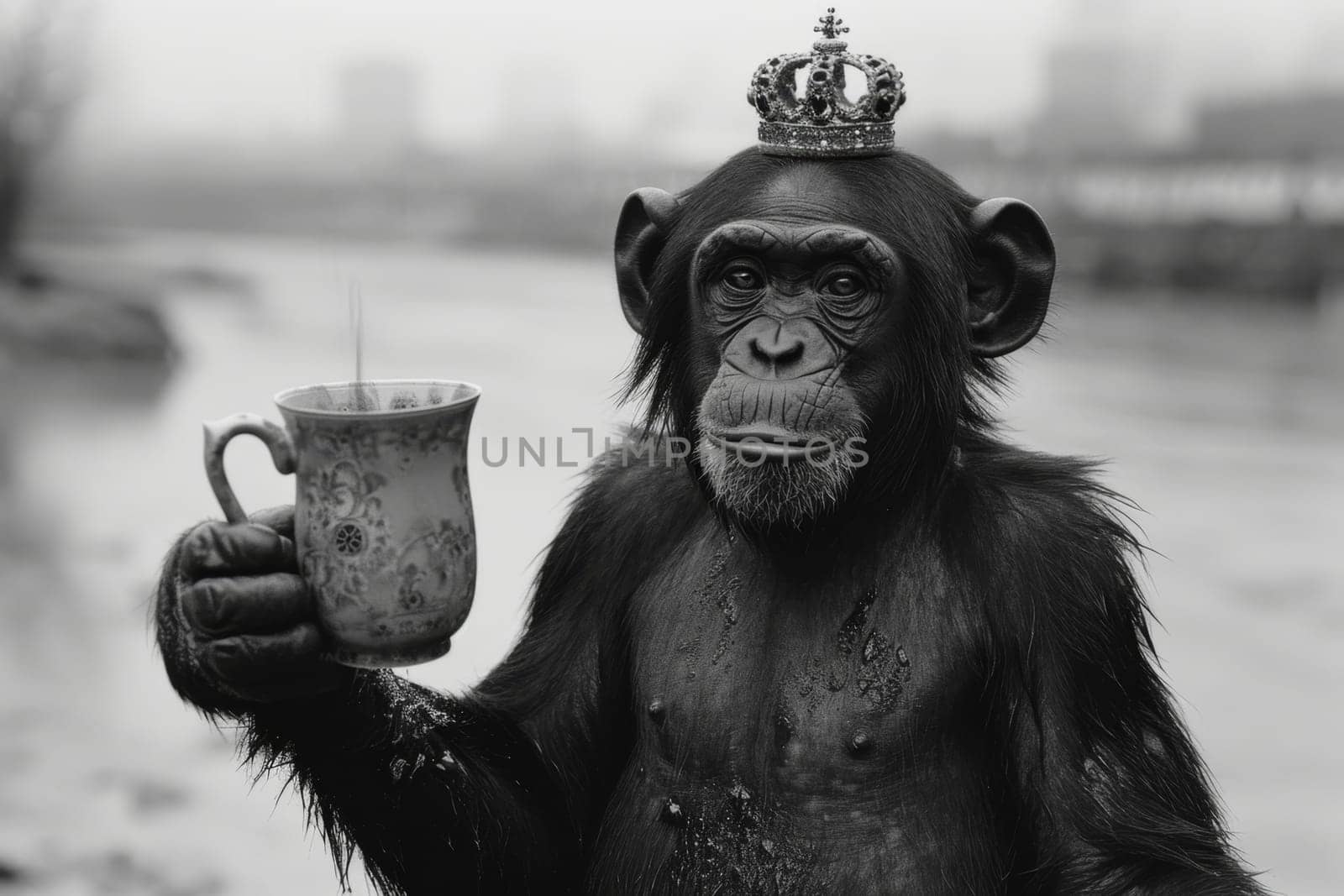 Monkey with a crown on his head and a glass of tea in his paw outdoors.