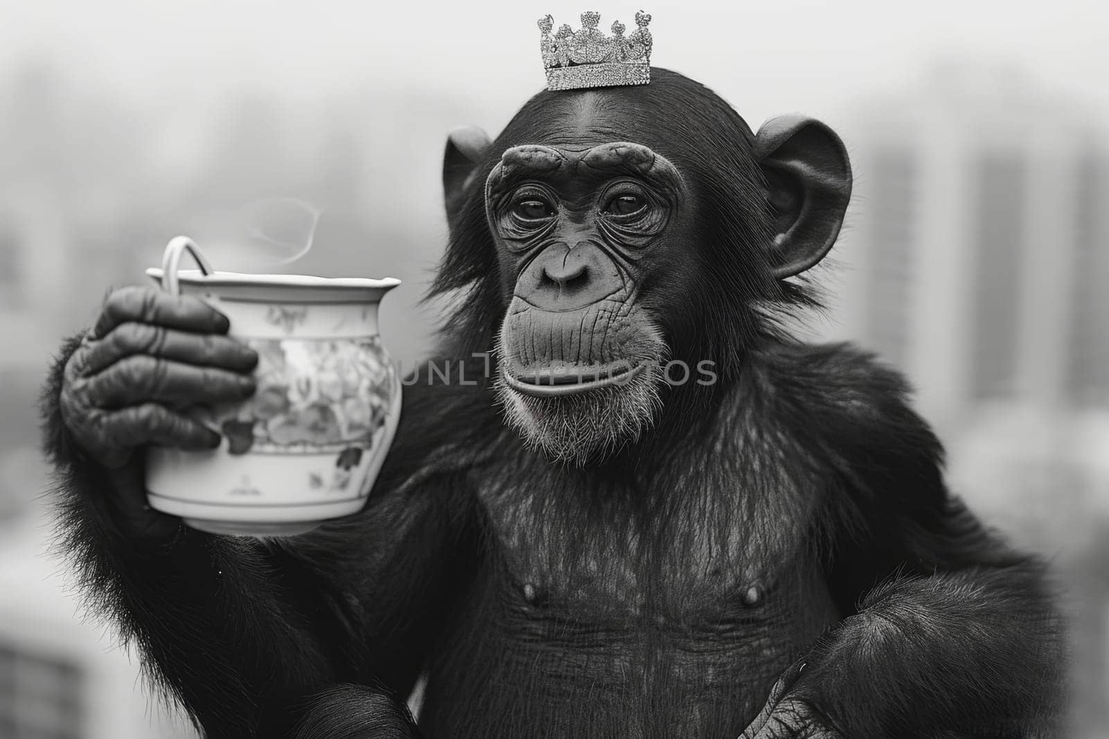 Monkey with a crown on his head and a glass of tea in his paw outdoors.