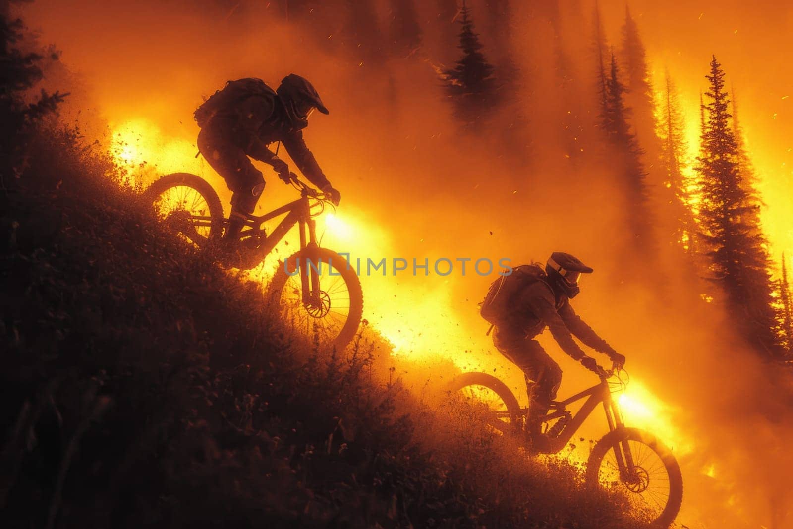 Two mountain bike riders at a mountain bike cross-country competition in the mountains.