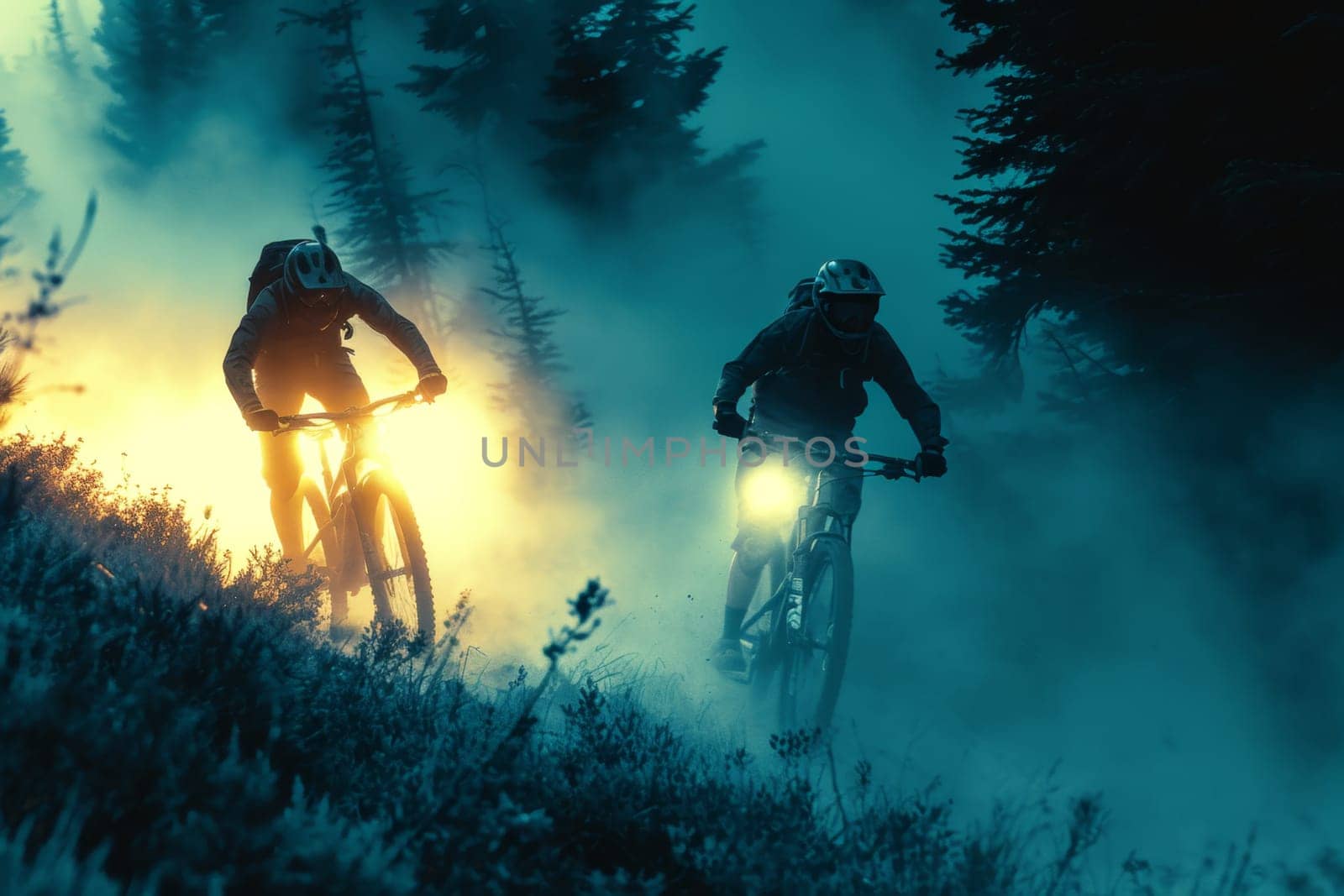 Two mountain bike riders at a mountain bike cross-country competition in the mountains by Lobachad