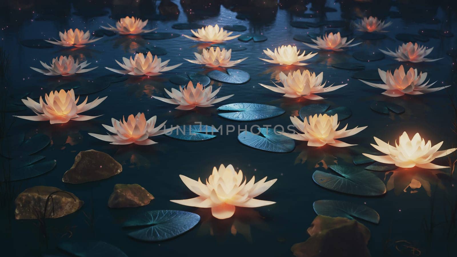 3d render Lotus flowers on a magical night on the water in 4k