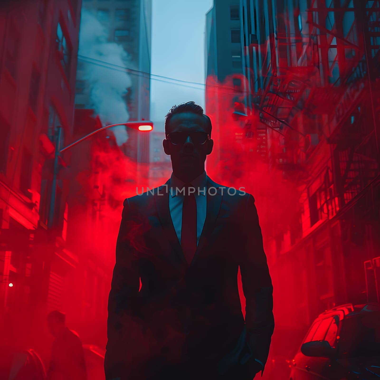 An artist in a red suit and tie stands in the middle of a city street surrounded by magenta smoke, creating a captivating performance art event