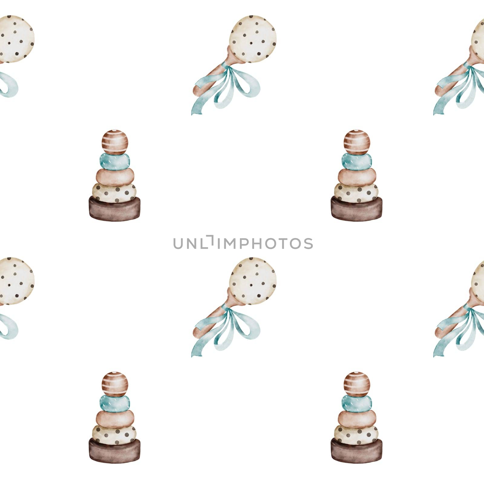 Baby wooden retro toys pattern. Boho seamless pattern with eco accessories pyramid and rattle with a blue bow. Scandinavian children's clip art. For textiles, diapers and packaging paper. High quality illustration