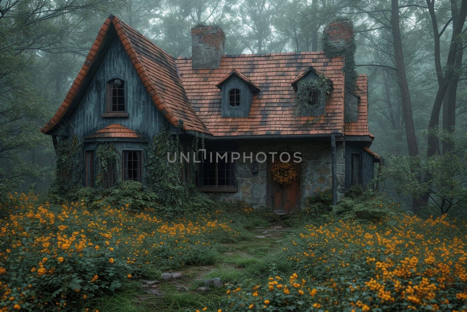 An old gloomy lost house in the woods in the wilderness.