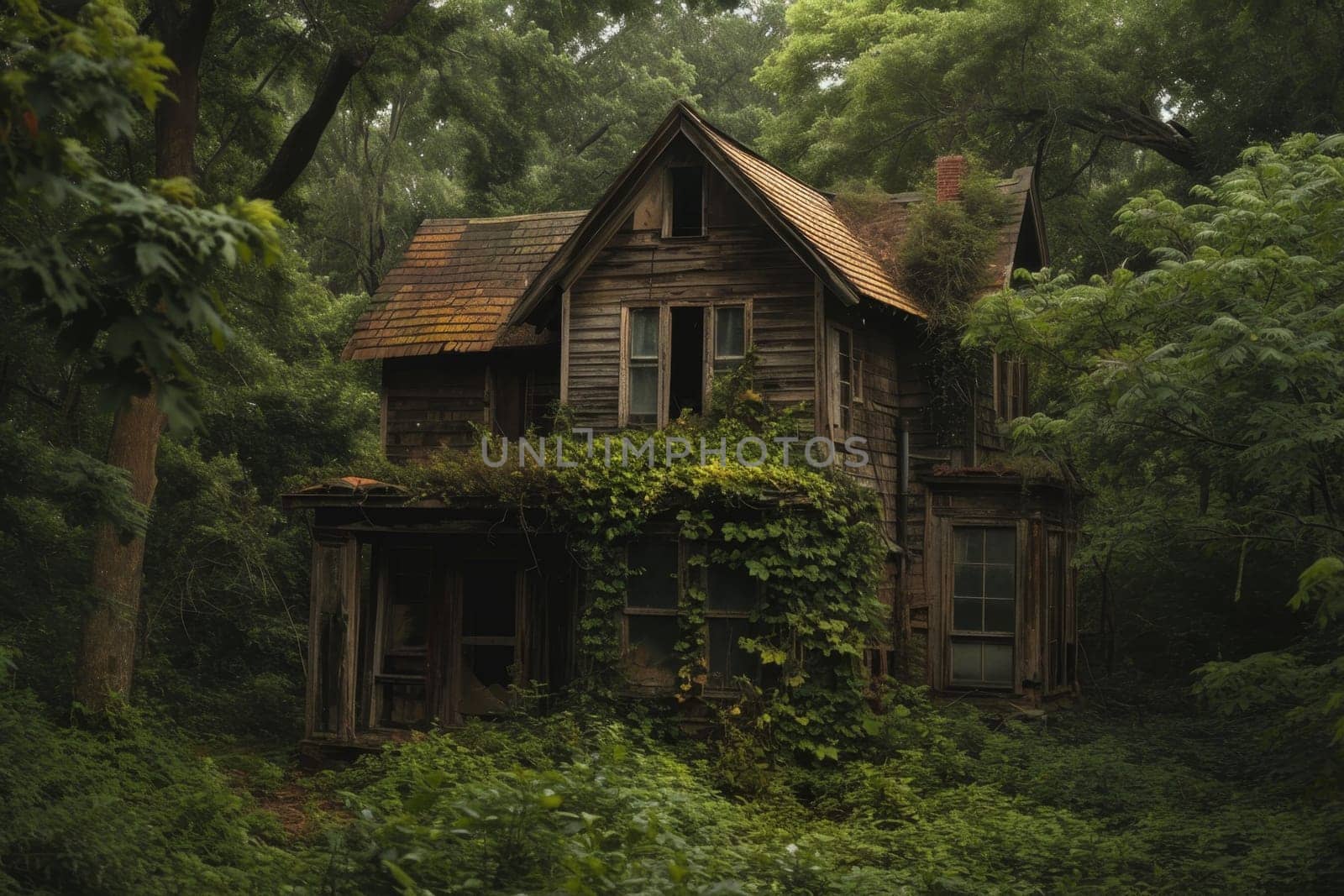 An old gloomy lost house in the woods in the wilderness.