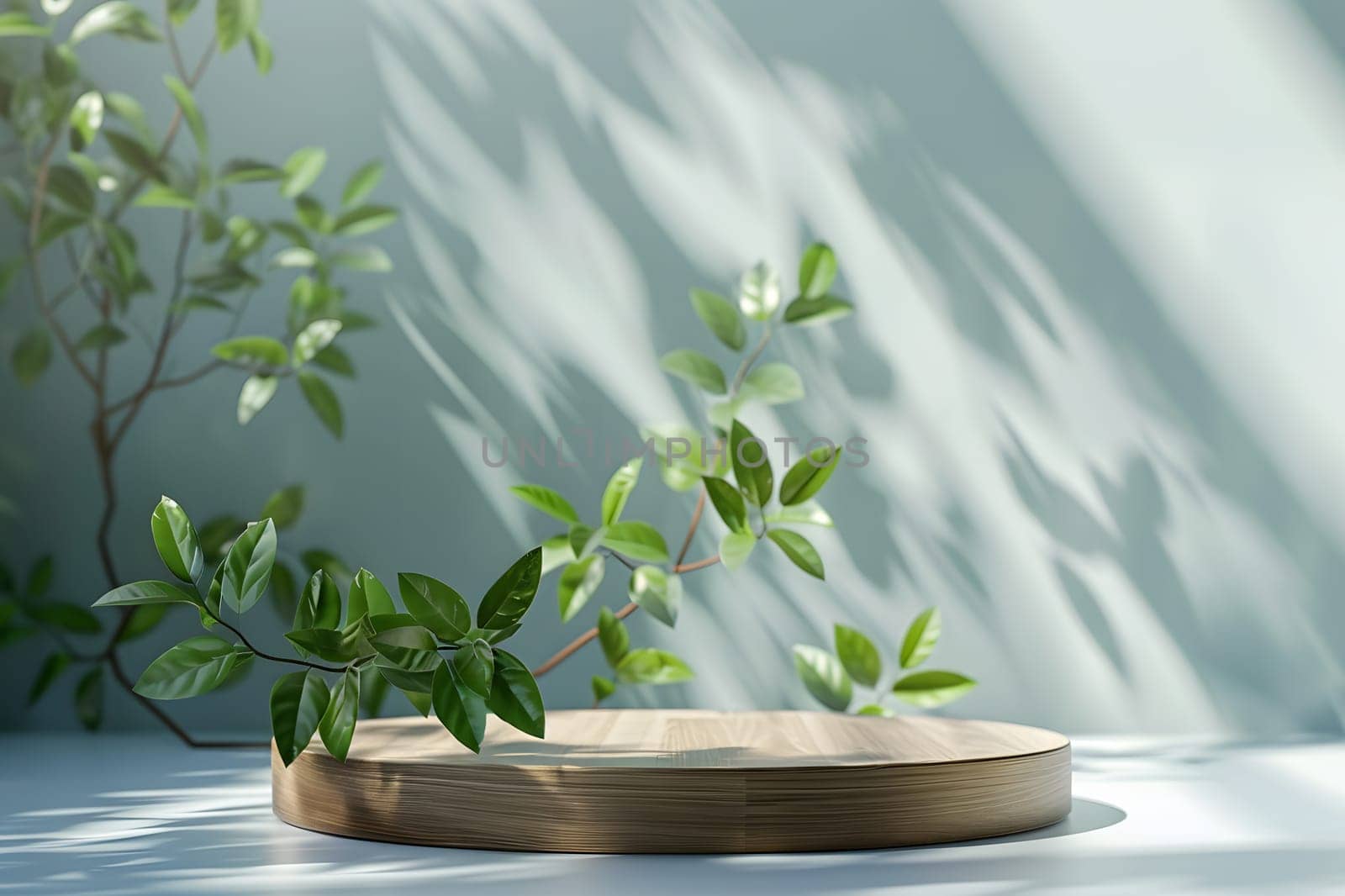 A rectangular wooden podium adorned with green leaves from houseplants sits in front of a vibrant green wall, creating a serene and natural landscape