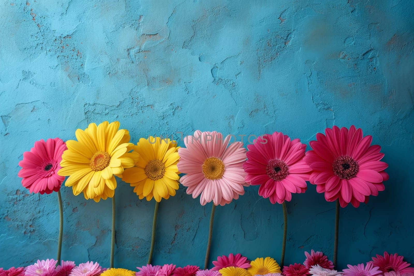Colorful floral arrangement of flowers with a blue background.