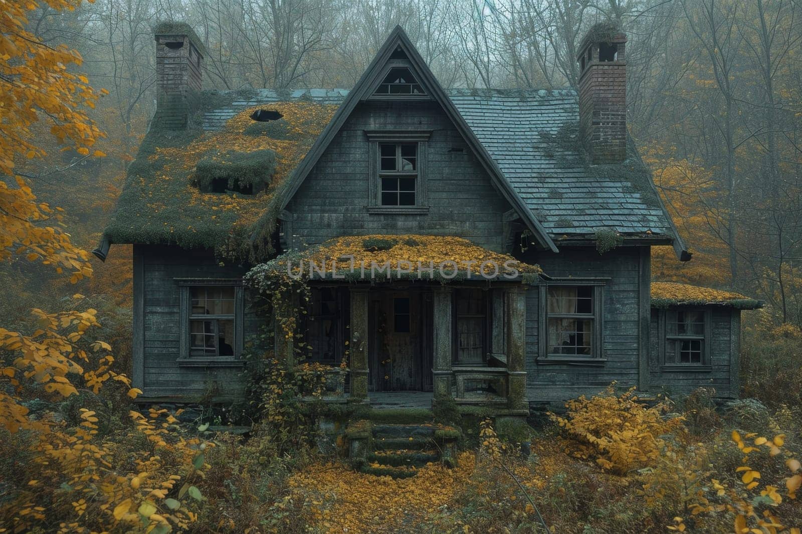 An old gloomy lost house in the woods in the wilderness by Lobachad